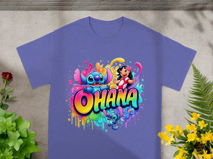 Lilo and Stitch characters with colorful splatter paint on a purple t-shirt.