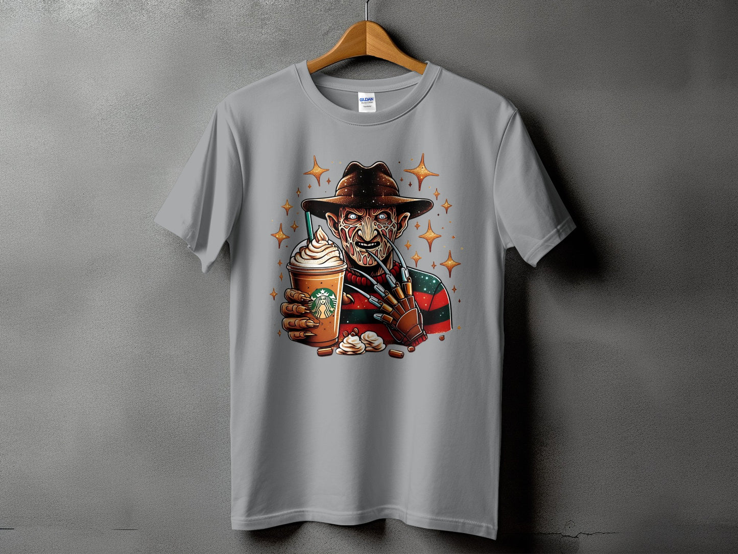 Freddy Krueger holding a Starbucks coffee cup with stars surrounding him.