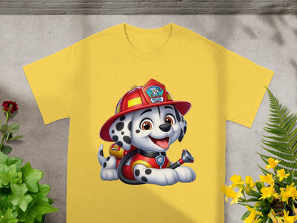 Yellow t-shirt featuring Marshall from Paw Patrol with a red helmet.
