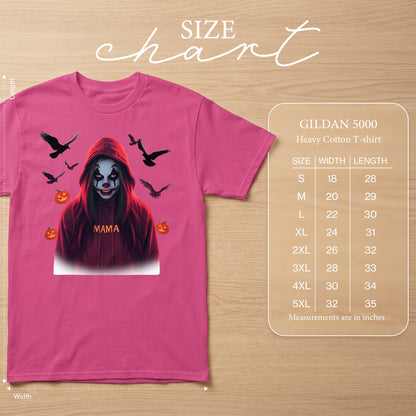 Pink t-shirt with clown graphic and Gildan 5000 size chart.