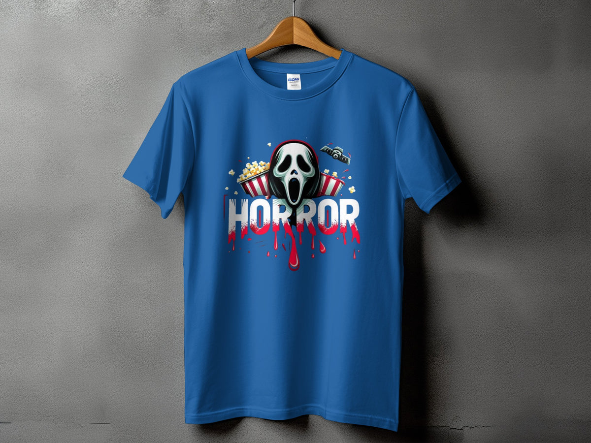 Blue t-shirt with horror mask, popcorn, camera, and bloody "HORROR" text.