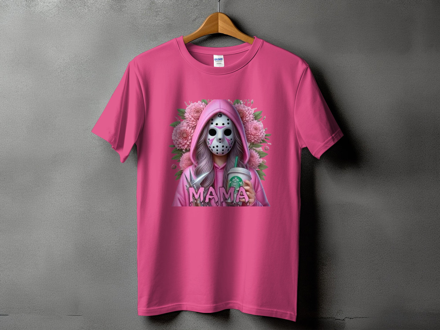Pink t-shirt with a graphic of a masked figure holding a coffee cup and knife.