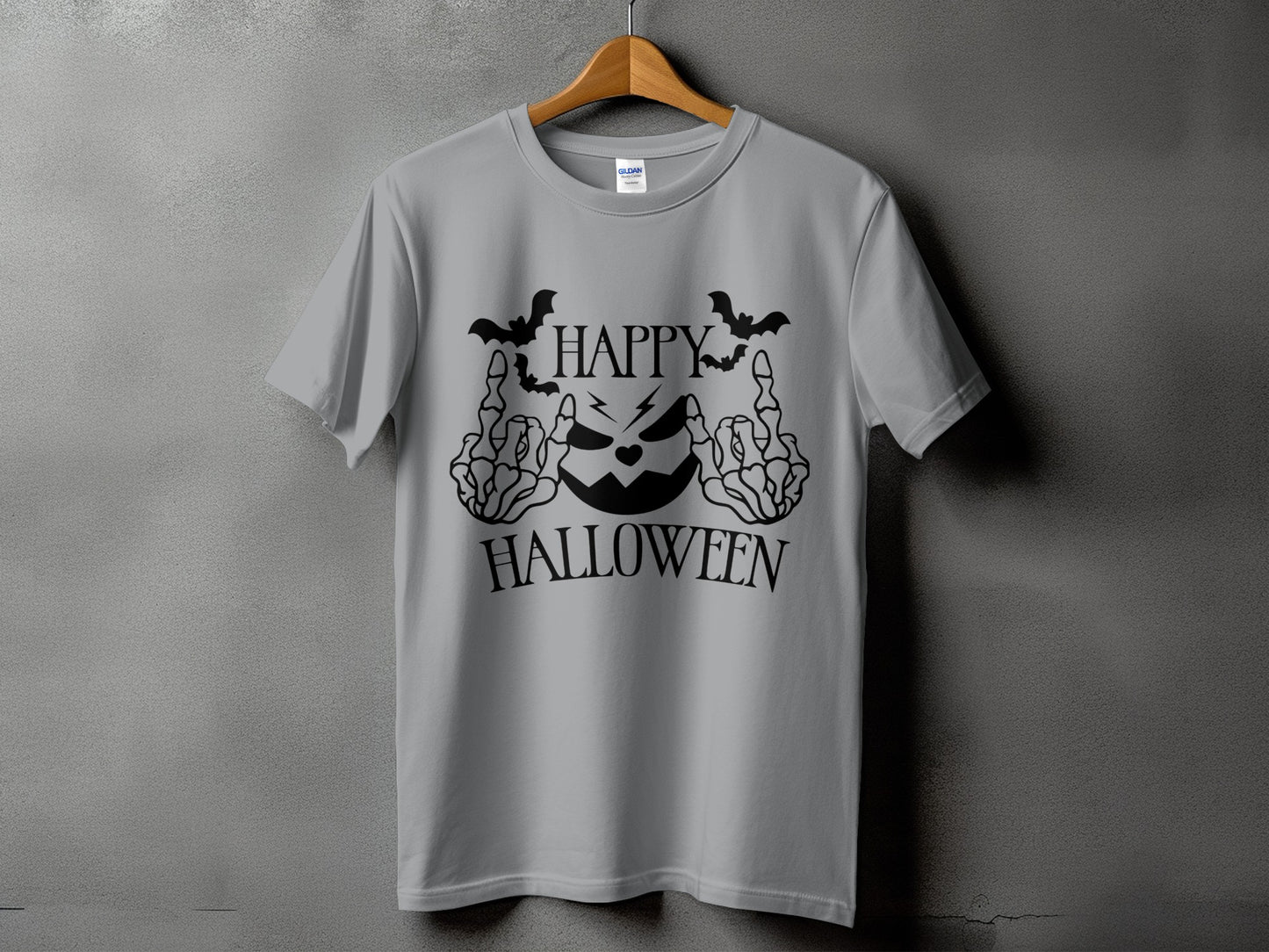 Gray t-shirt with black Halloween graphic of a pumpkin, bats, and skeleton hands.