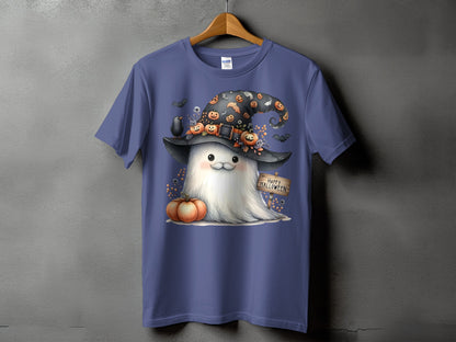 Ghost wearing witch hat with pumpkins and "Happy Halloween" sign on purple t-shirt.
