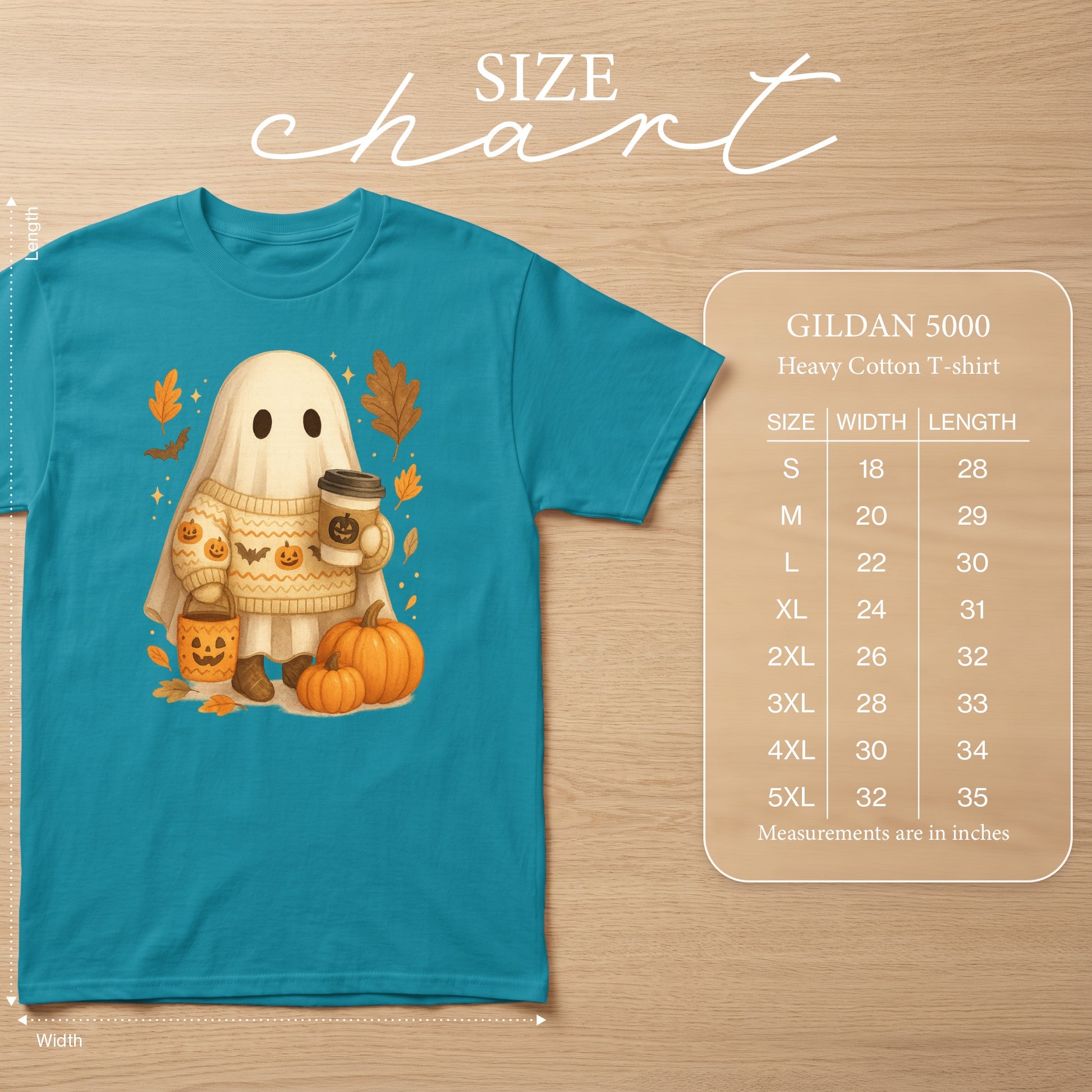 Teal t-shirt with a ghost holding coffee, wearing a sweater with pumpkins. Size chart included.