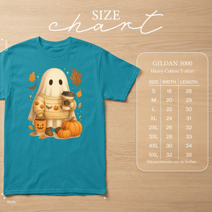 Teal t-shirt with a ghost holding coffee, wearing a sweater with pumpkins. Size chart included.