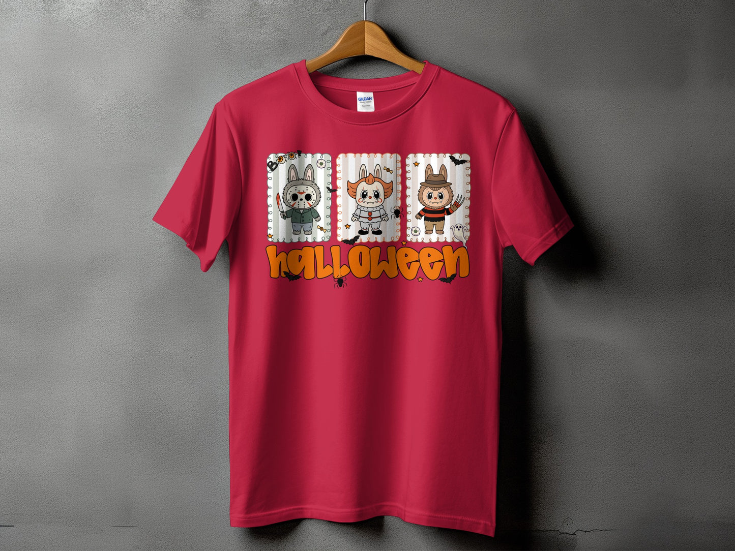 Red t-shirt with Halloween graphic featuring horror characters and bats.