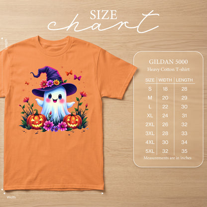 Orange Gildan 5000 t-shirt with a cute ghost graphic and size chart.