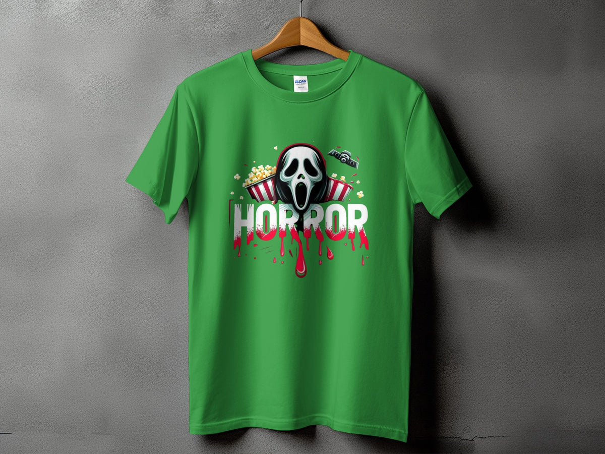 Green t-shirt with a horror mask, popcorn, and text reading "HORROR".
