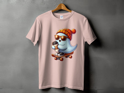 Cartoon ghost wearing sunglasses and beanie, holding coffee, rides skateboard.