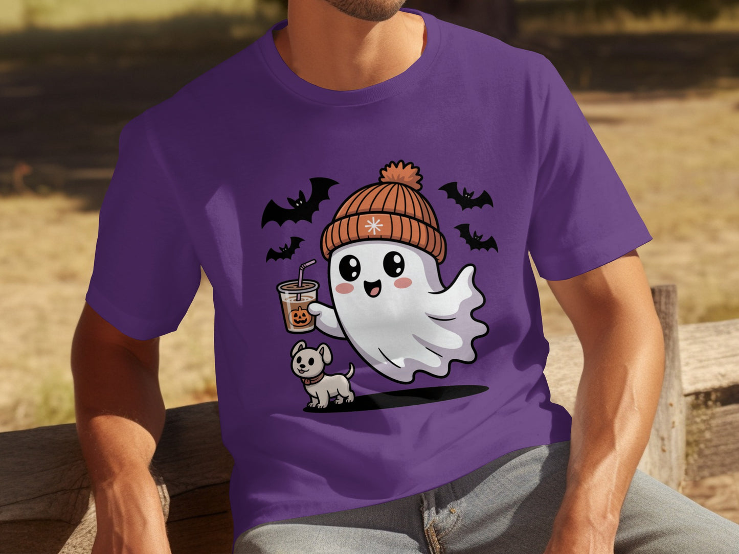 Cute Ghost With Dog Halloween Bats Printed T-Shirt Product