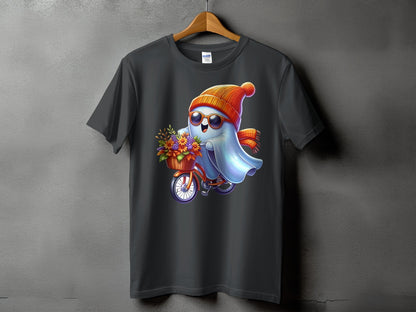 Ghost riding a bicycle with flowers in basket, wearing hat and scarf.