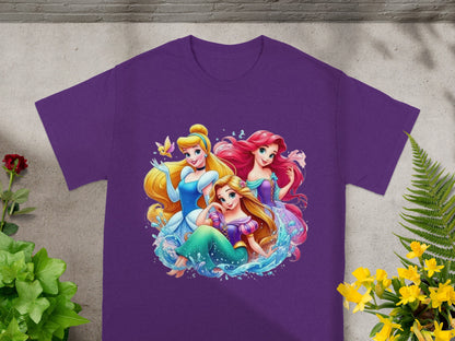 Disney Princesses Ariel, Rapunzel, and Cinderella surrounded by water and butterflies.