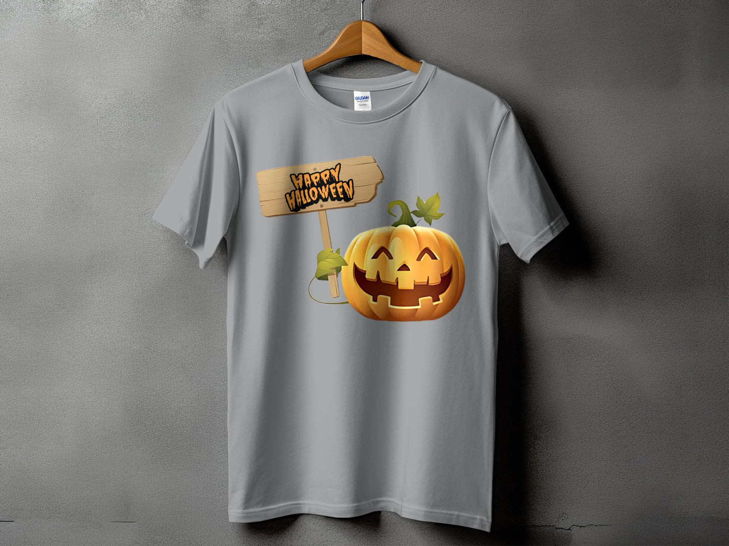 Grey t-shirt with a Halloween graphic of a pumpkin holding a "Happy Halloween" sign.
