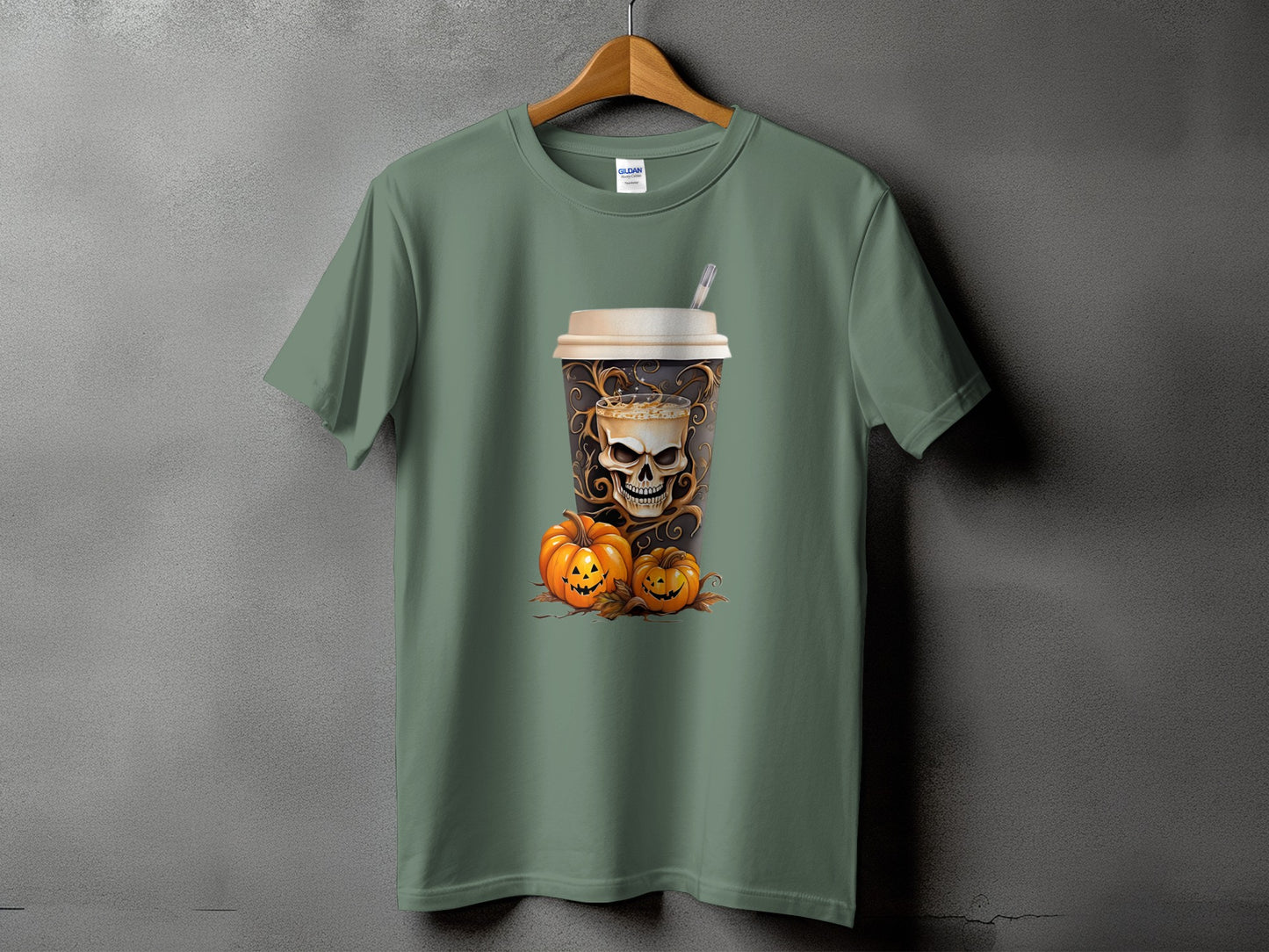 Green t-shirt with skull coffee cup and jack-o'-lantern Halloween graphic.