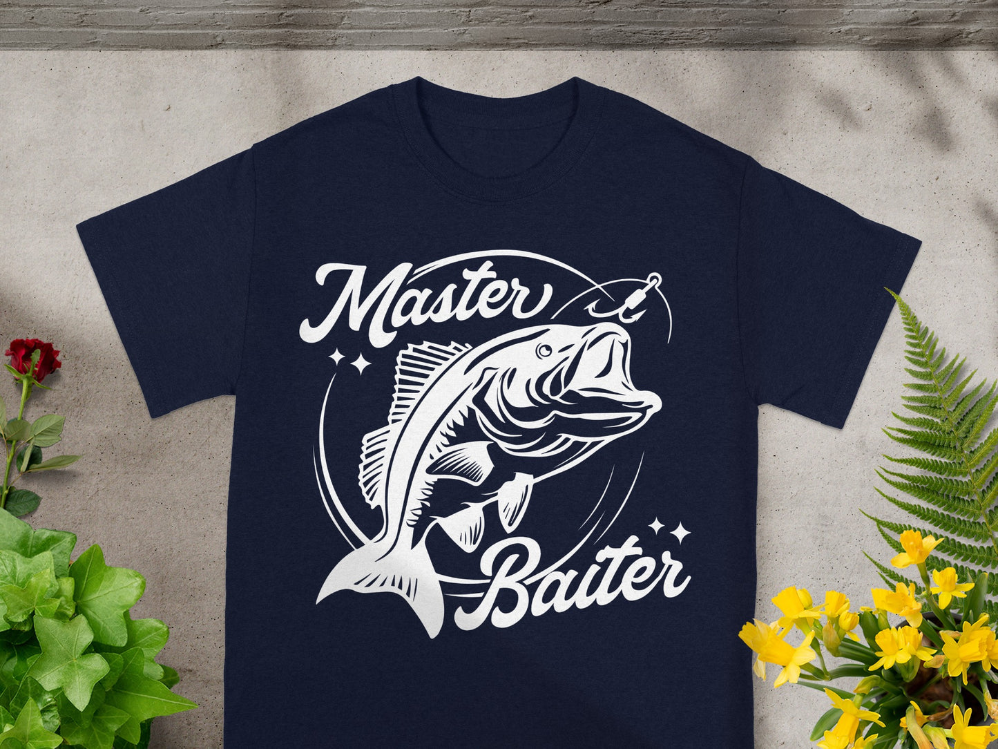 Navy t-shirt with white "Master Baiter" text and fish graphic.