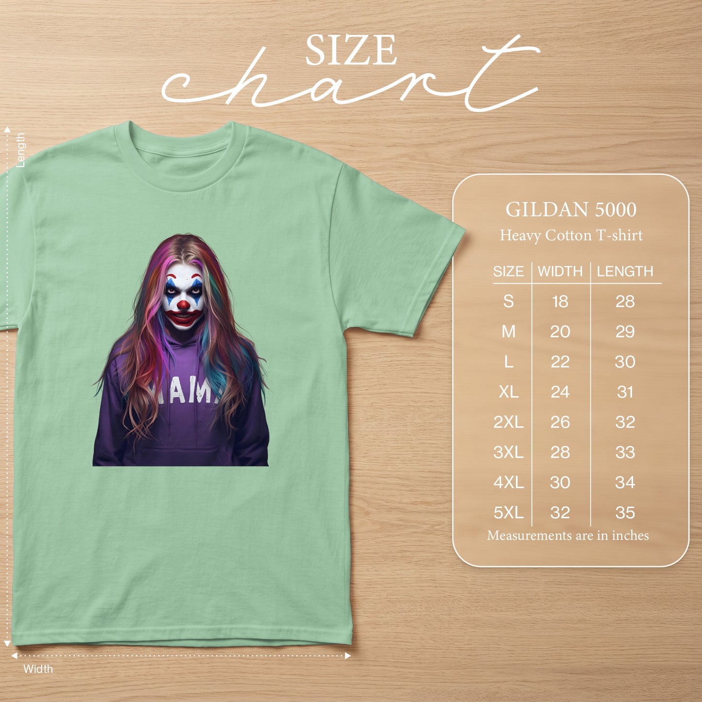 Light green t-shirt with clown graphic and Gildan 5000 size chart.
