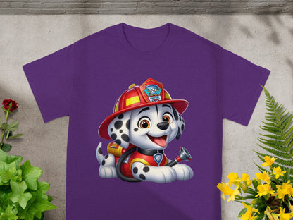 Marshall the Dalmatian from Paw Patrol on a purple t-shirt.