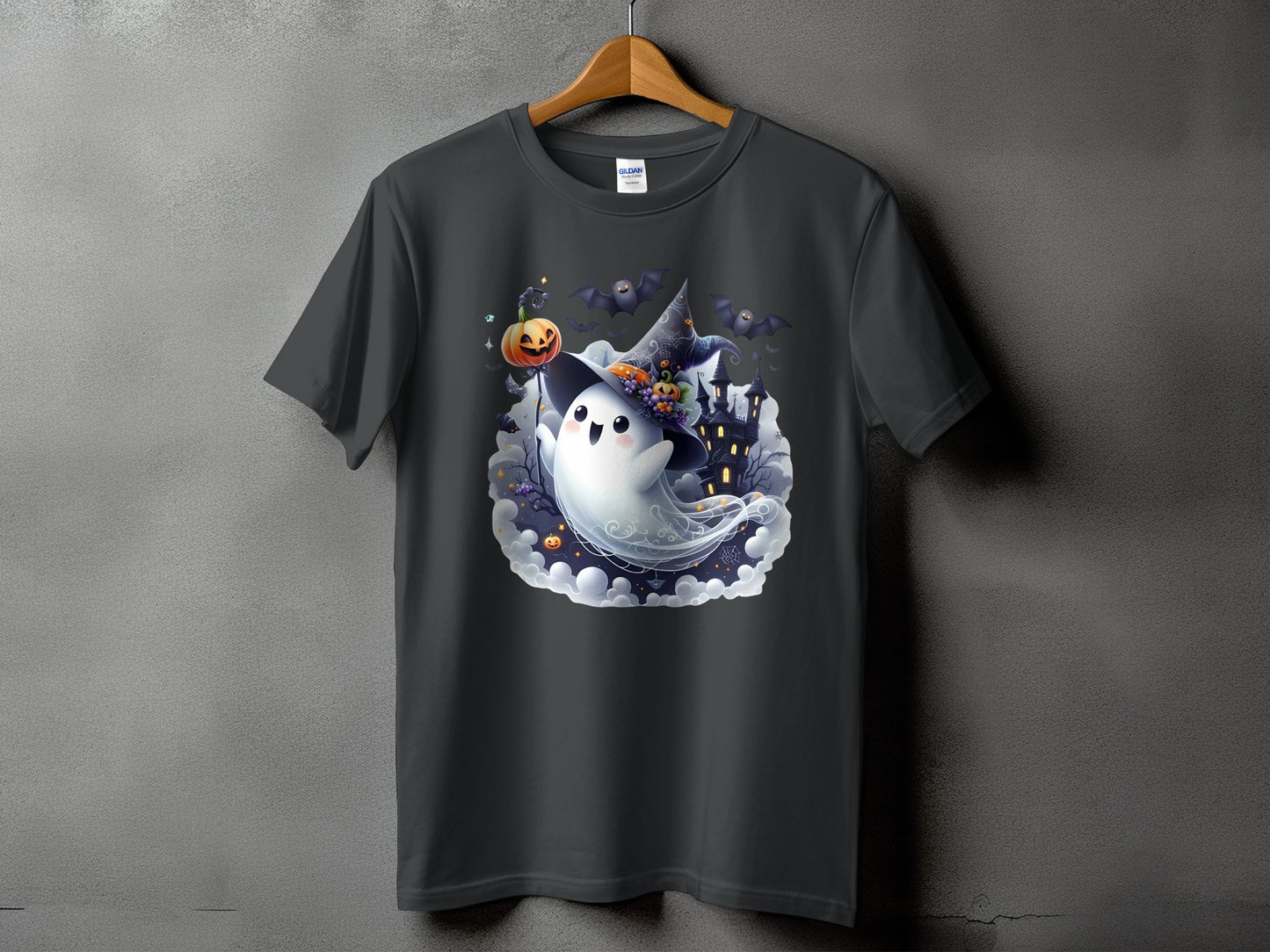 Dark gray t-shirt with a cute ghost wearing a witch hat on a Halloween scene.