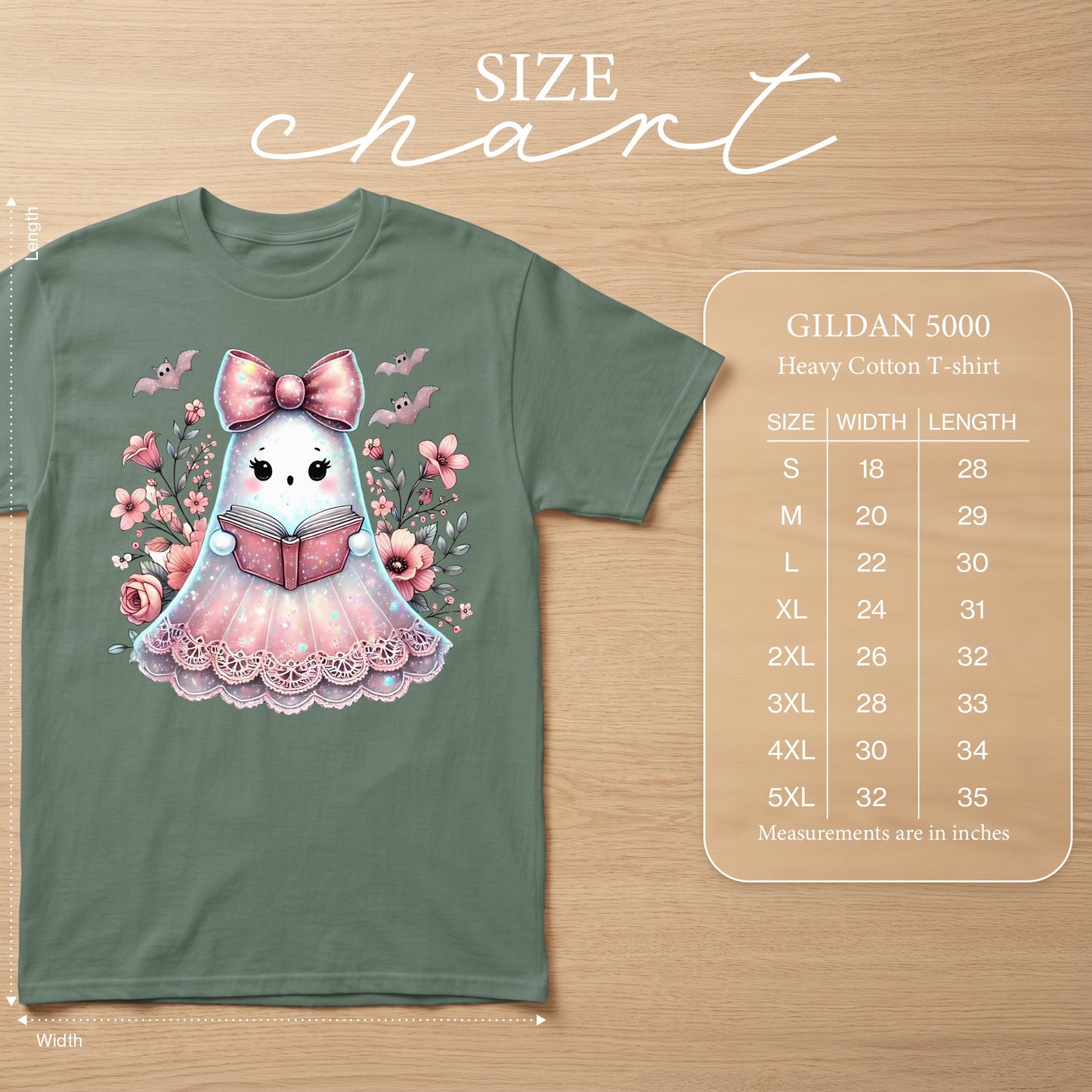 Ghost reading book graphic on green Gildan 5000 heavy cotton t-shirt with size chart.