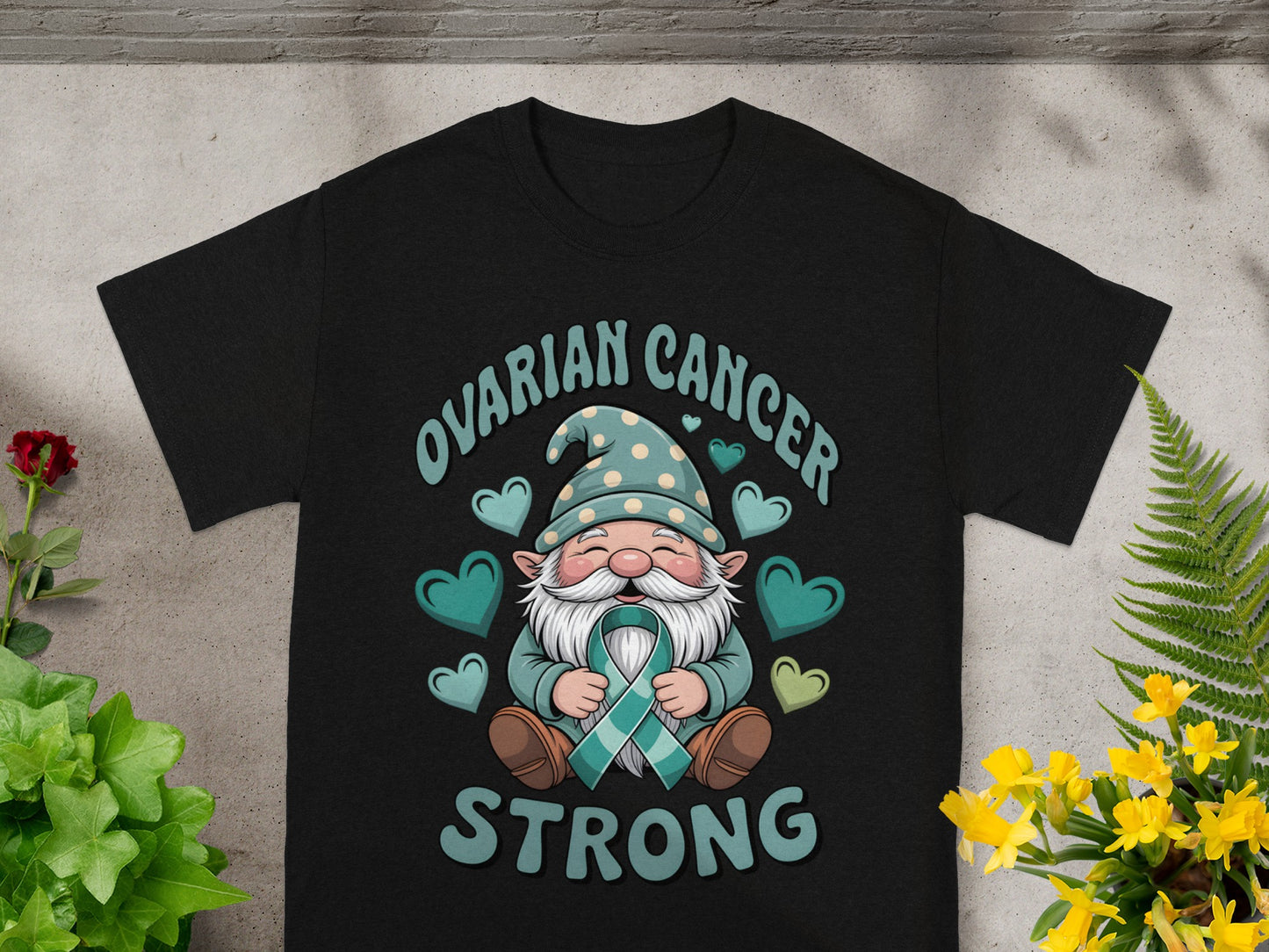 Ovarian Cancer Strong Gnome Hearts Graphic Tee