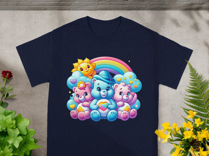 Care Bears characters sitting in a line under a rainbow with a sun.