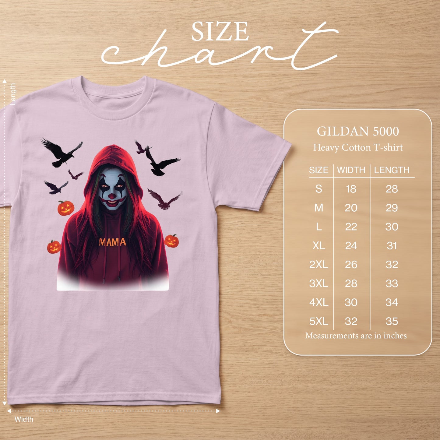 Pink t-shirt with a creepy clown graphic and "MAMA" text, includes size chart.