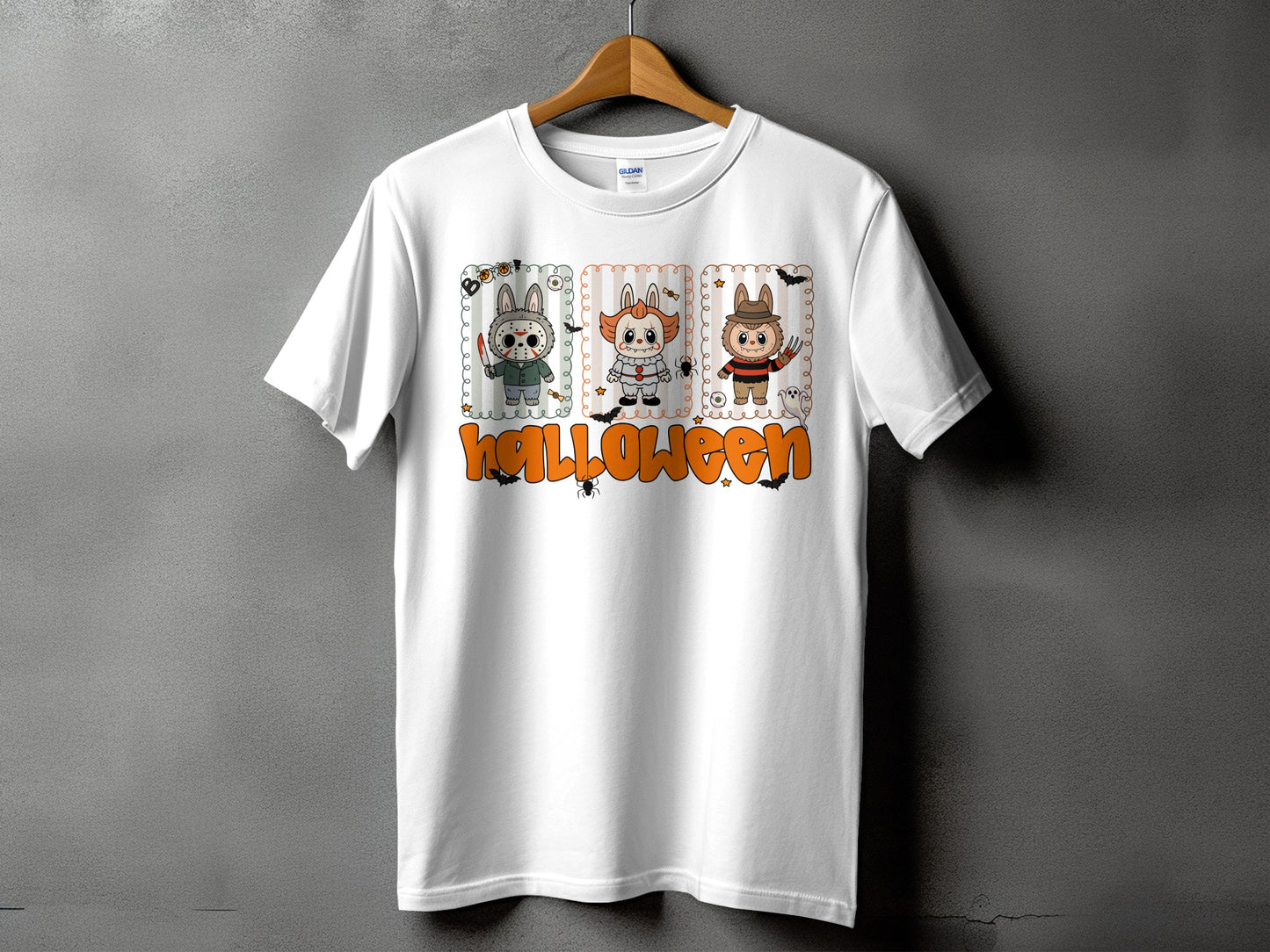 White t-shirt with Halloween characters and text featuring horror movie villains.
