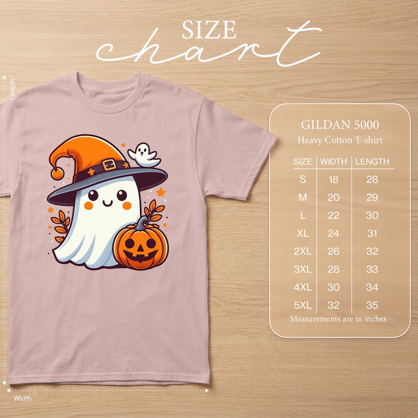 Pink t-shirt with a cartoon ghost wearing a witch hat and holding a pumpkin.