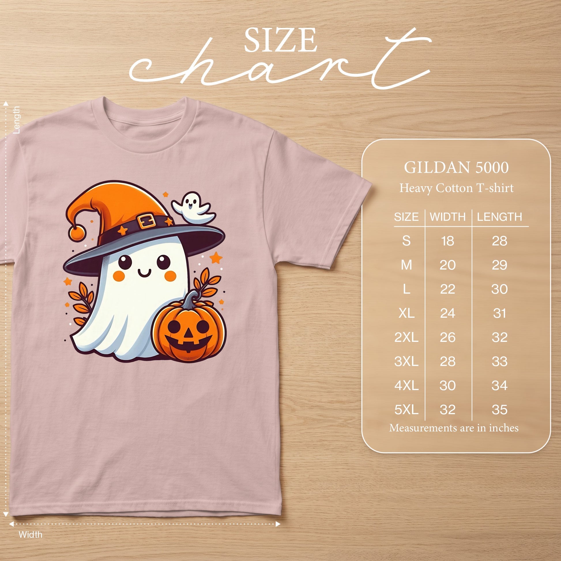 Pink t-shirt with a cartoon ghost wearing a witch hat and holding a pumpkin.