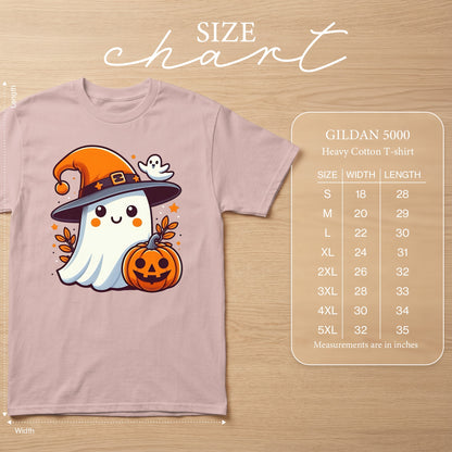 Pink t-shirt with a cartoon ghost wearing a witch hat and holding a pumpkin.