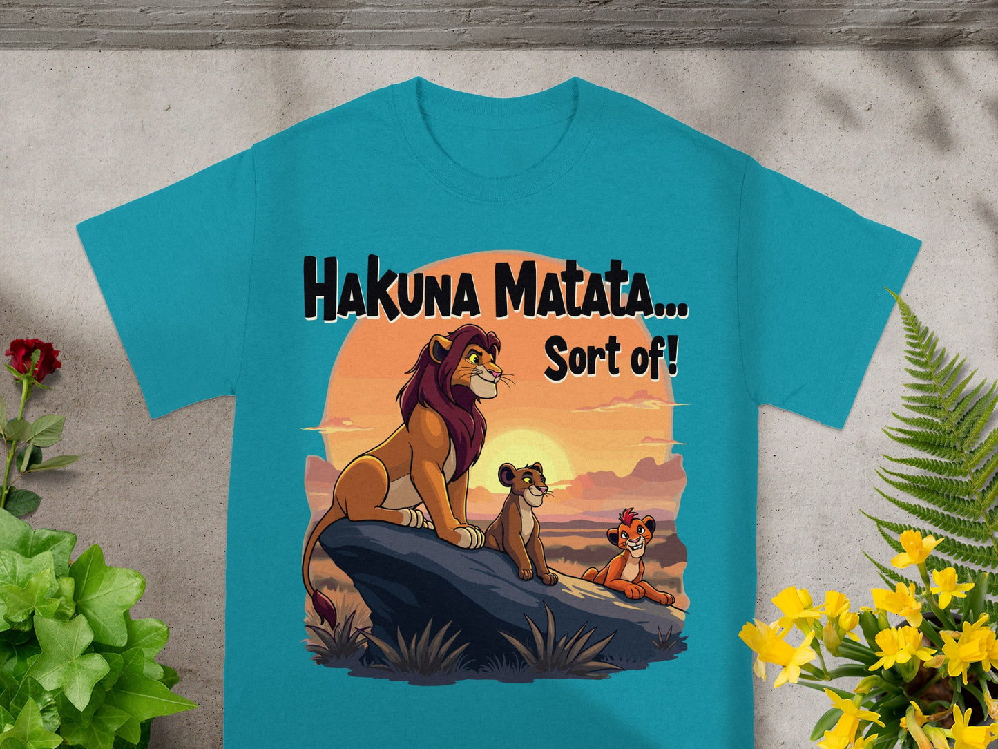 The Lion King characters Simba, Nala, and Timon saying "Hakuna Matata... Sort of!".