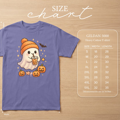 Purple t-shirt with cute ghost, pumpkins, and boba tea design; Gildan 5000 size chart.
