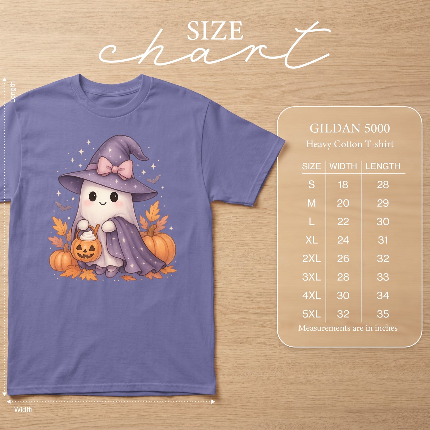 GILDAN 5000 t-shirt with ghost graphic, size chart with width and length in inches.