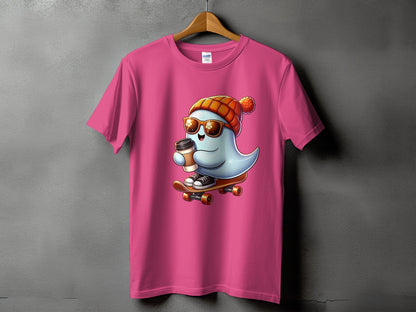 Pink t-shirt with cartoon ghost wearing sunglasses and beanie, riding skateboard with coffee.