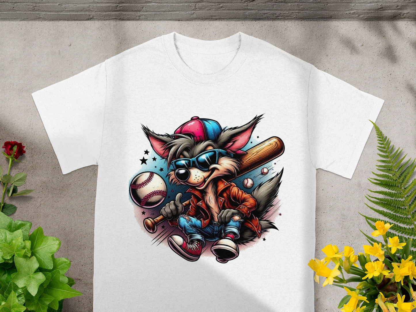 Cool Cartoon Wolf Playing Baseball Graphic T-Shirt