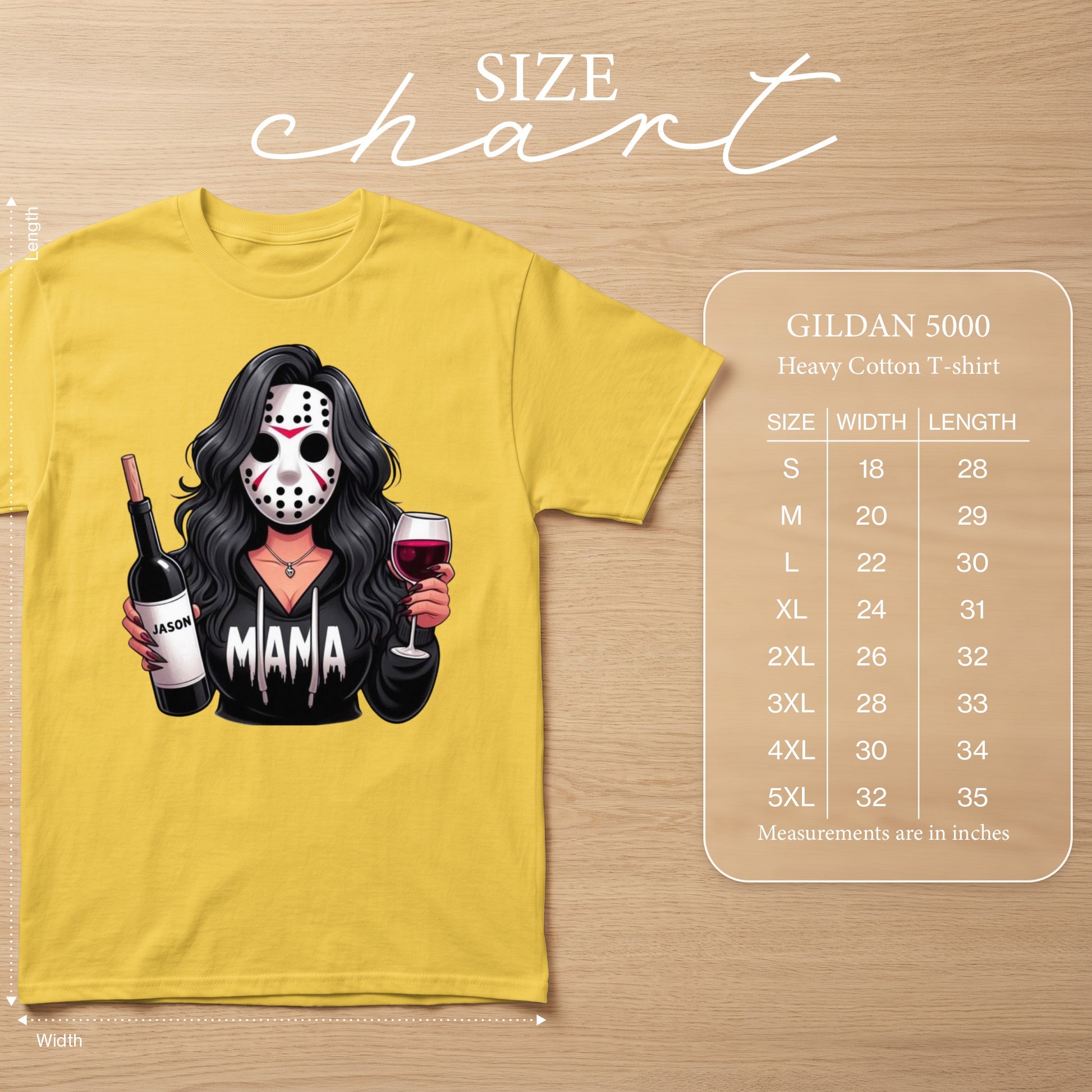 Yellow t-shirt with graphic of woman in Jason mask holding wine, with "MAMA" text.