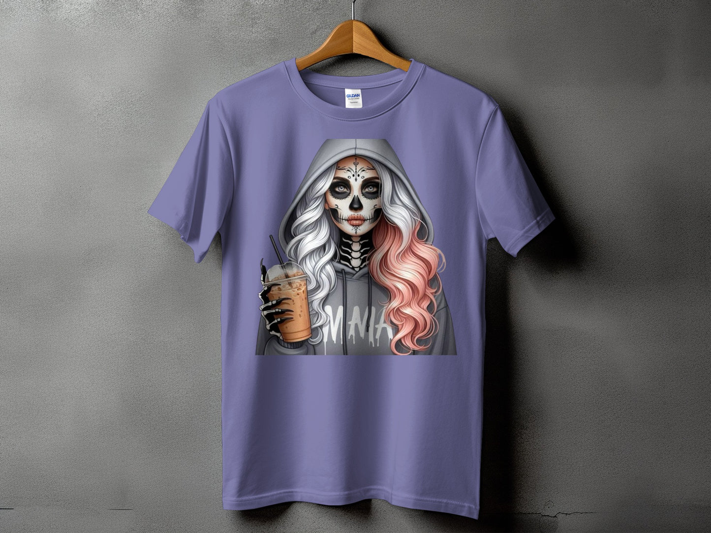 Purple t-shirt featuring skeleton woman with pink and white hair holding a drink.