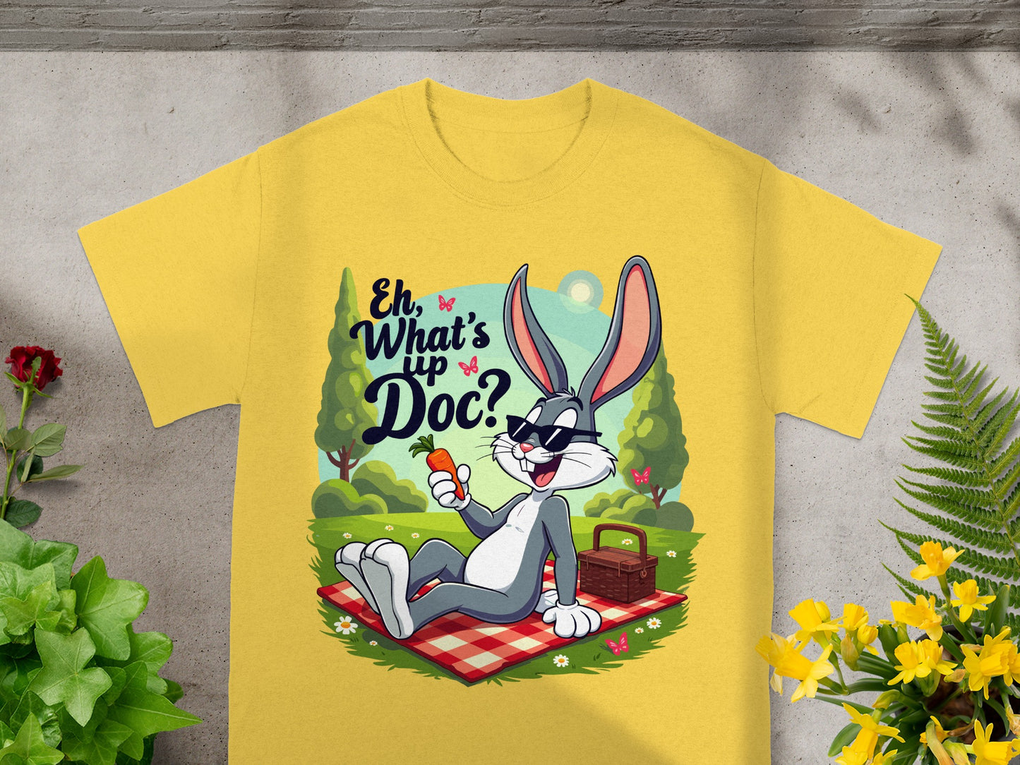 Yellow t-shirt with Bugs Bunny holding a carrot and wearing sunglasses.