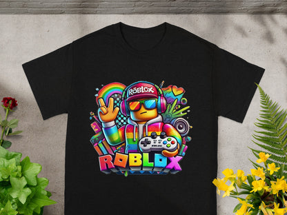 Black t-shirt with Roblox logo, characters, and rainbow graphics.