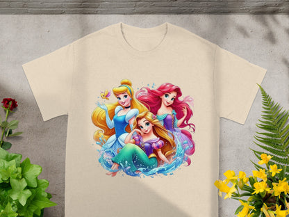 Three Disney princesses: Cinderella, Ariel, and Belle, depicted in a watercolor style.