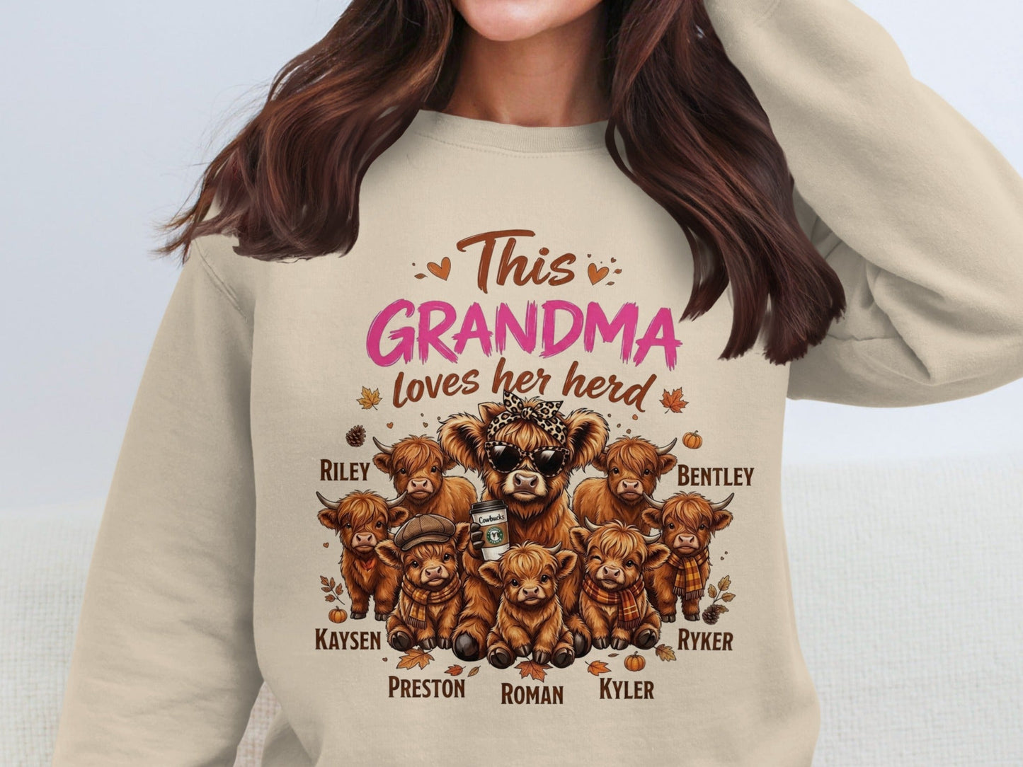 This Grandma loves her herd Highland cows with names: Riley, Bentley, Kaysen, Ryker, Preston, Roman, Kyler.