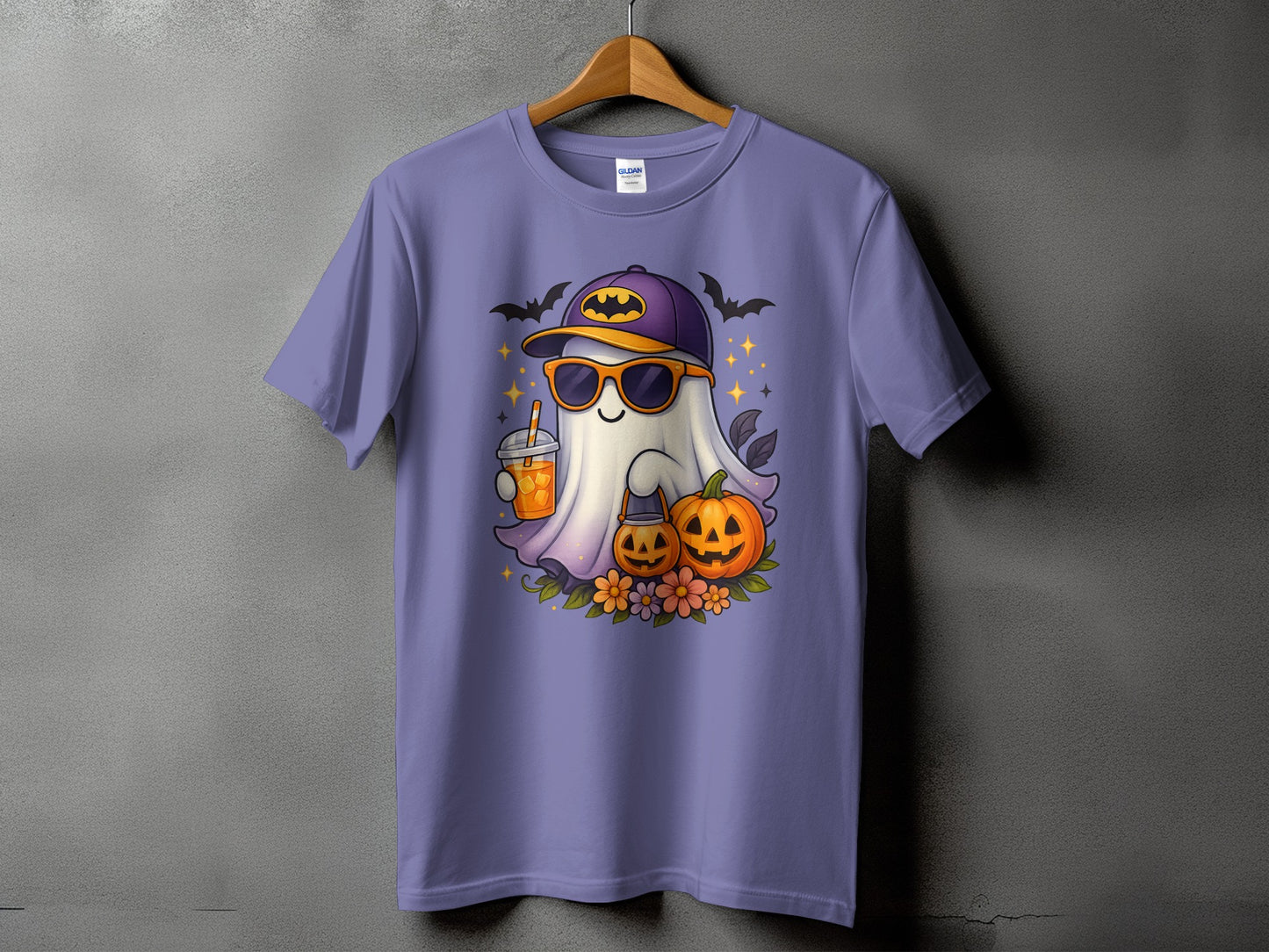 Ghost in sunglasses and cap holding drink with pumpkins and flowers.
