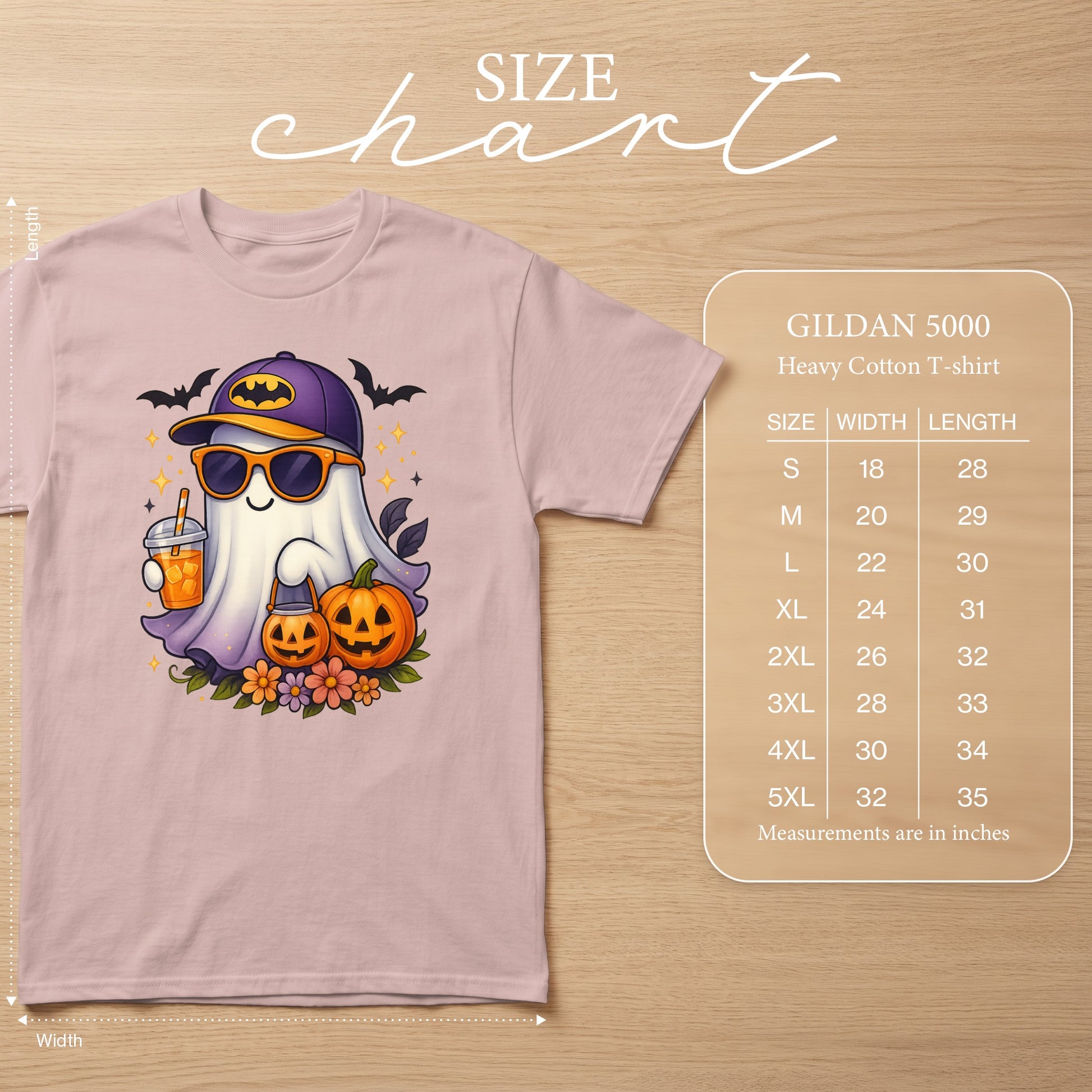 Pink t-shirt with cute ghost graphic, pumpkins, and size chart.
