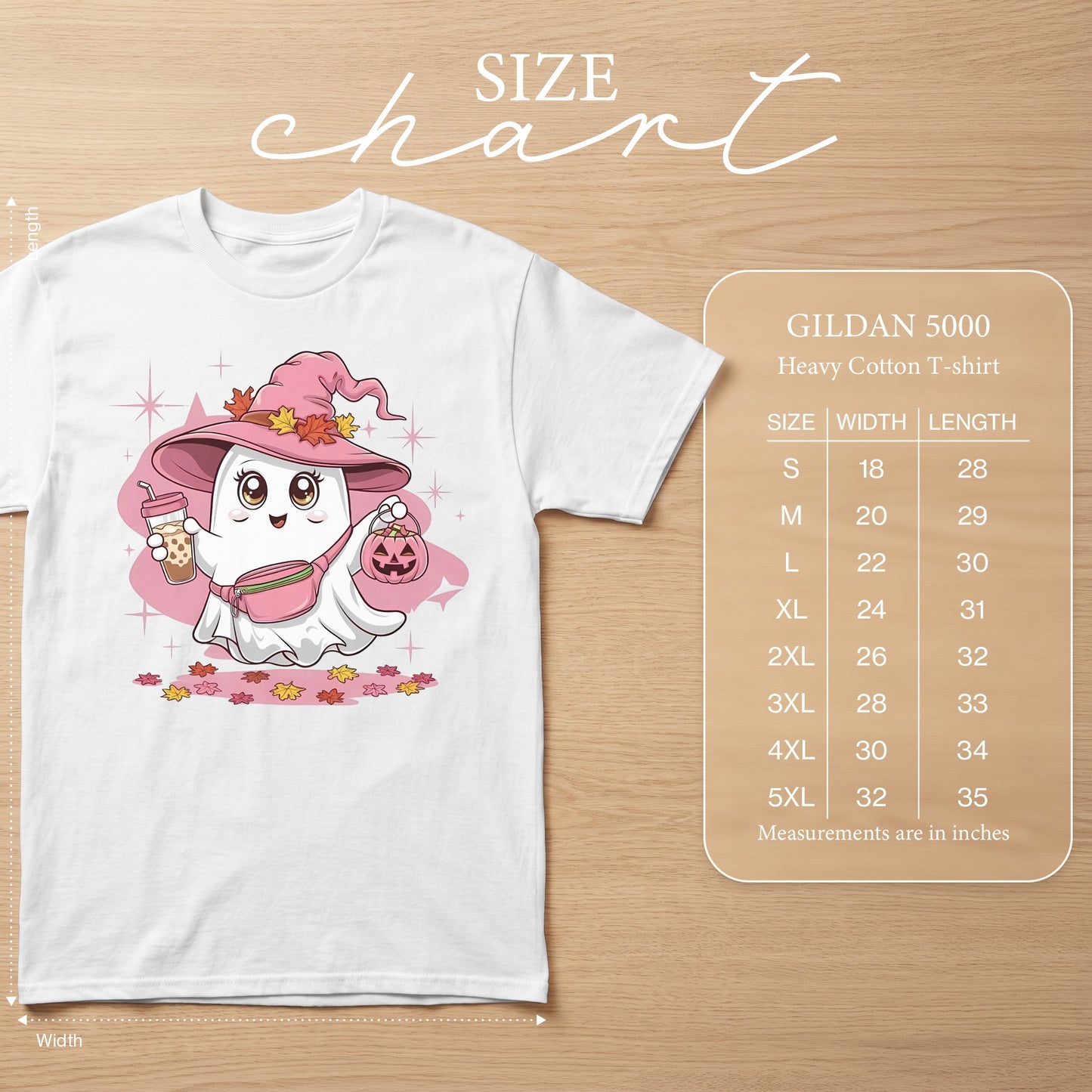 White Gildan 5000 t-shirt with a cute ghost graphic and size chart.