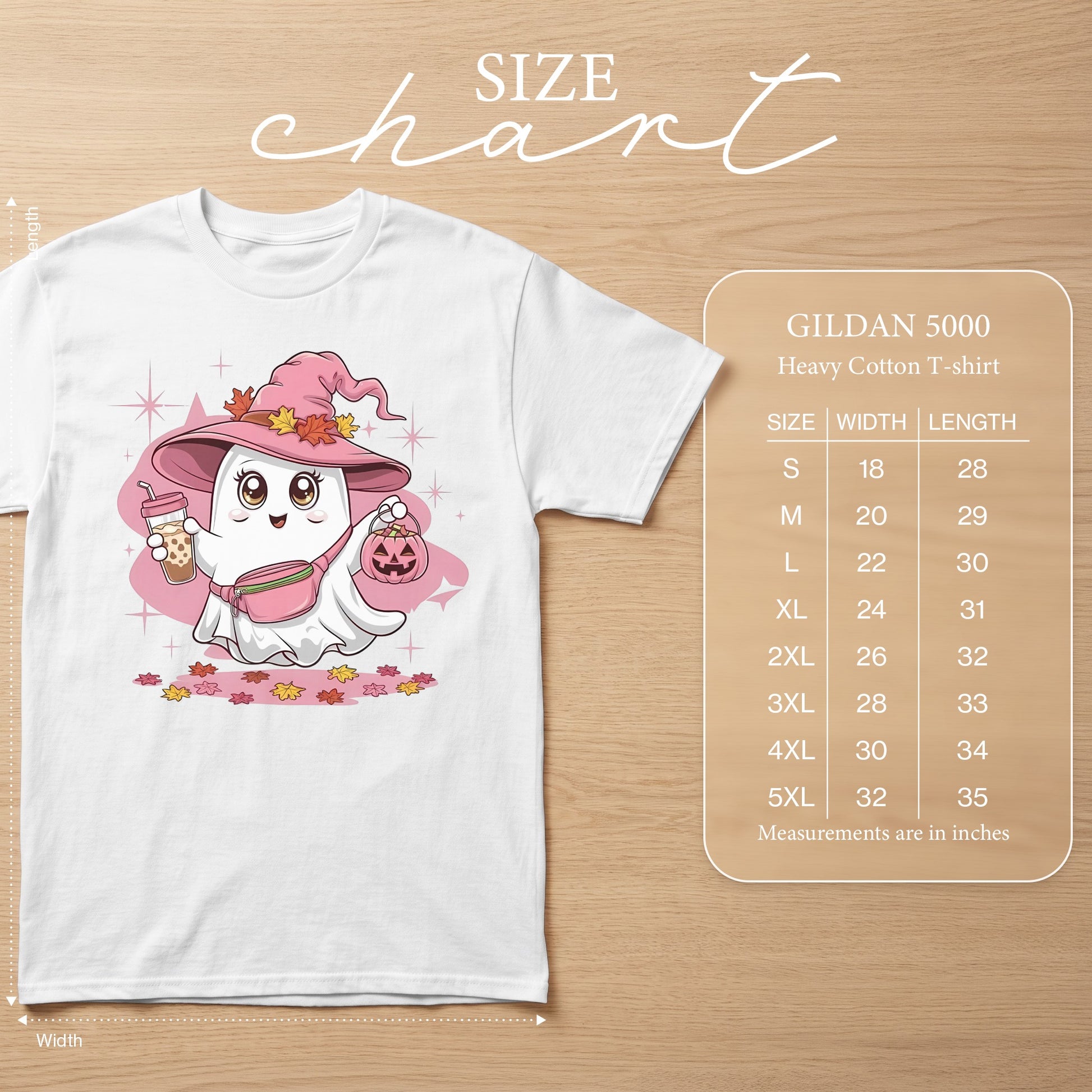 White Gildan 5000 t-shirt with a cute ghost graphic and size chart.