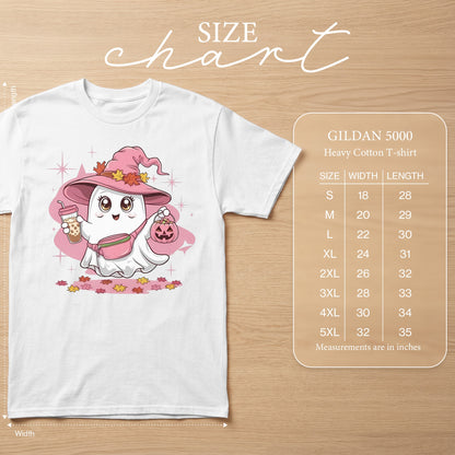 White Gildan 5000 t-shirt with a cute ghost graphic and size chart.