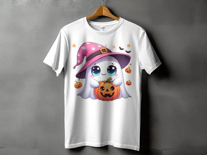 White t-shirt with a cute ghost wearing a pink witch hat holding a jack-o'-lantern.