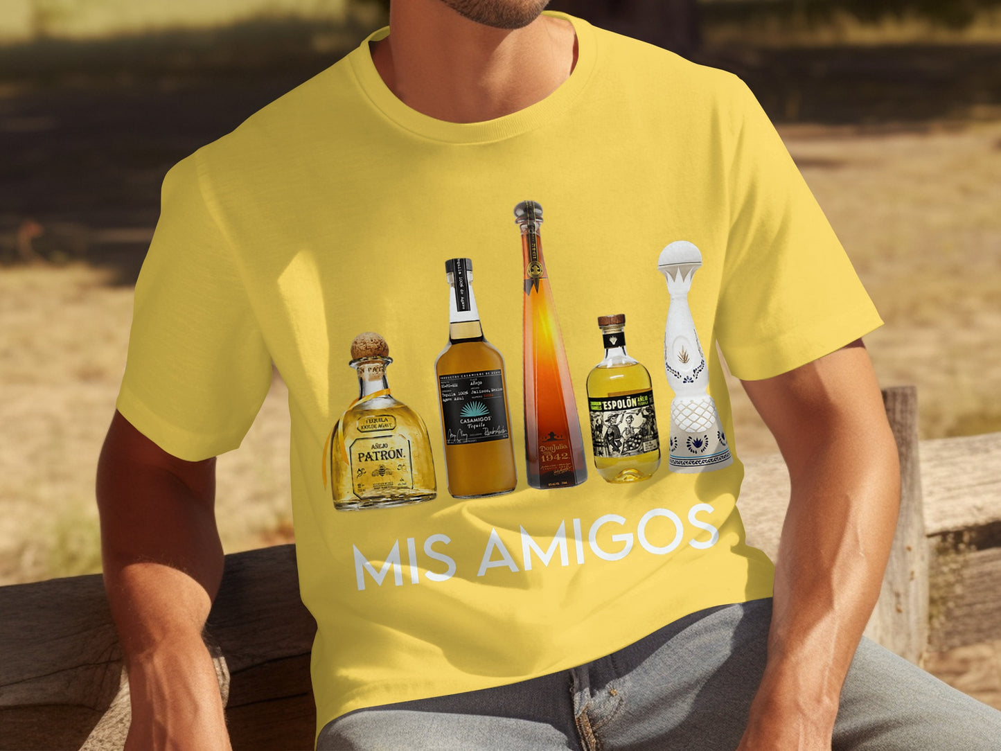 MIS AMIGOS Tequila Bottle Graphic Yellow T-shirt