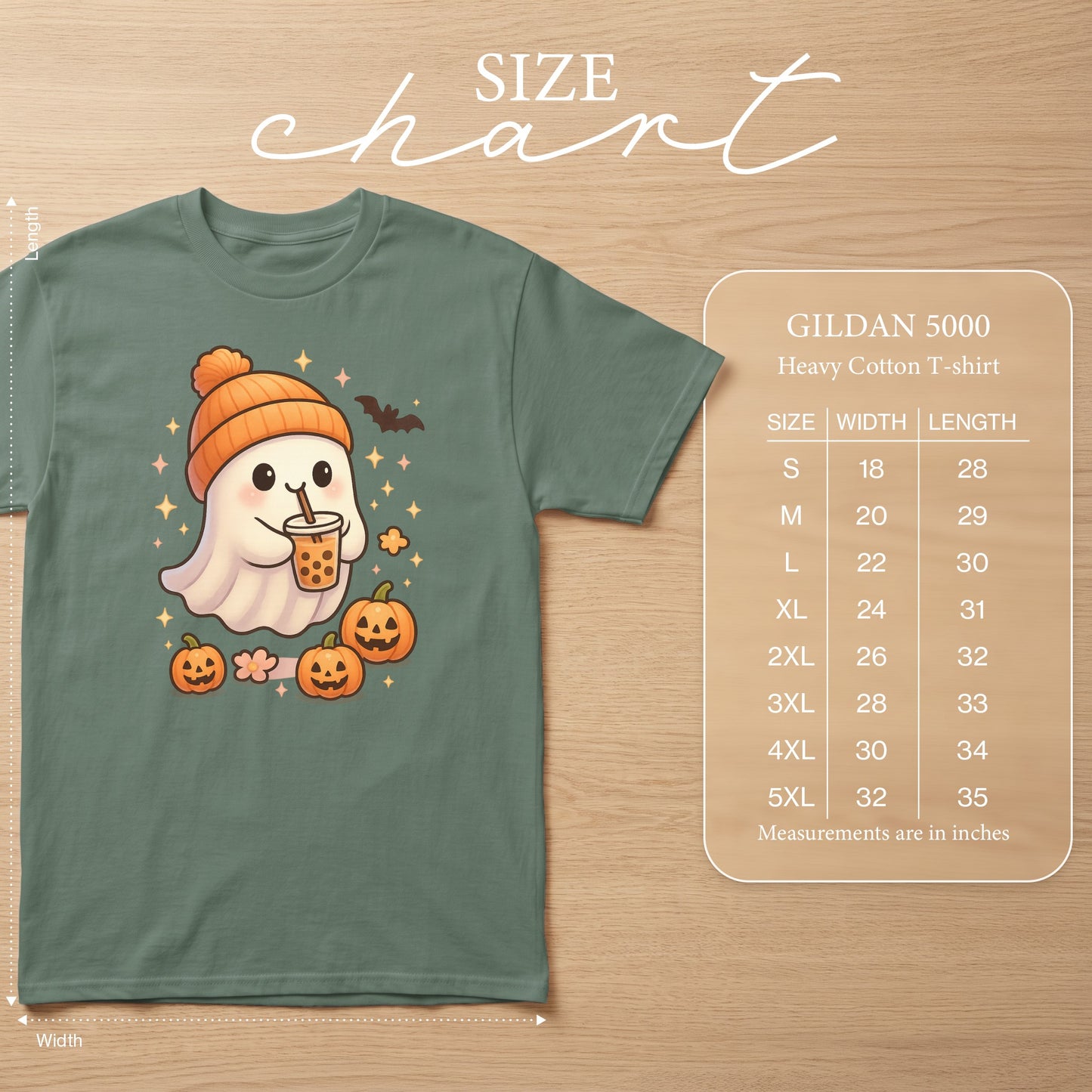 T-shirt with cartoon ghost, pumpkins, and boba drink graphic; size chart included.